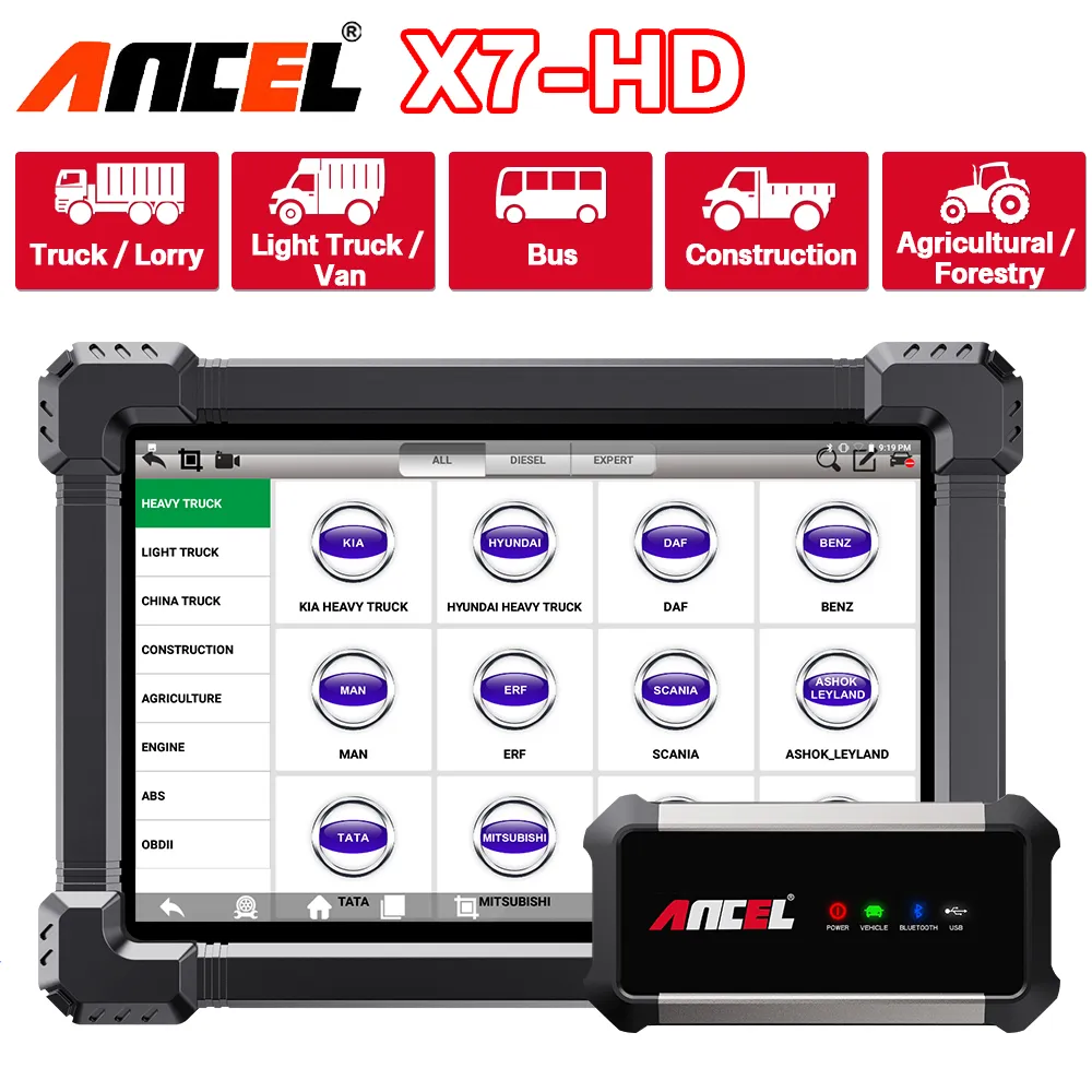 Ancel X7 HD 10 inch Android Tablet Heavy Duty Truck Full System Diagnostic Scanner Coding programming Professional Trucks Diesel OBD Diagnostic Tool Engine ABS Airbag DPF OBD2 Auto Scan