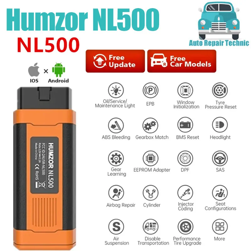 Humzor NL500 Car OBD2 Diagnostic Scanner Tool App Immo Resetting Odometer Repair Manager Key Programming Update of Humzor NL400