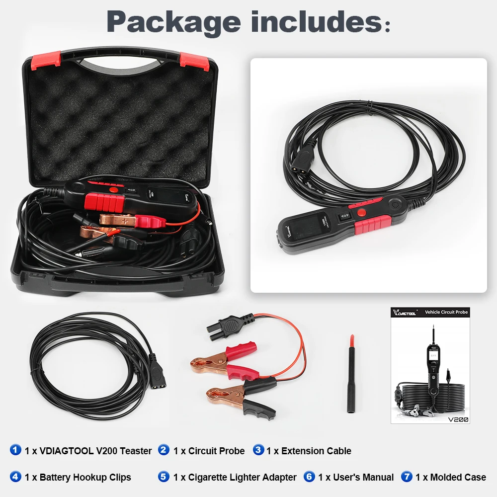 Vdiagtool V200 12V-24V Automotive Circuit Tester Universal Power Probe Tester Build-in LED 20FT Extension Cable Overload Protect