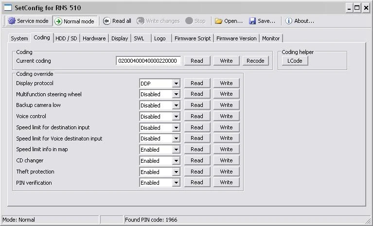 SetConfig 2.5.1 & 2.8.1 Software For RNS Identify Supports RNS510 RNS810 RNS850 Change PIN Code Erase the NAND Memory