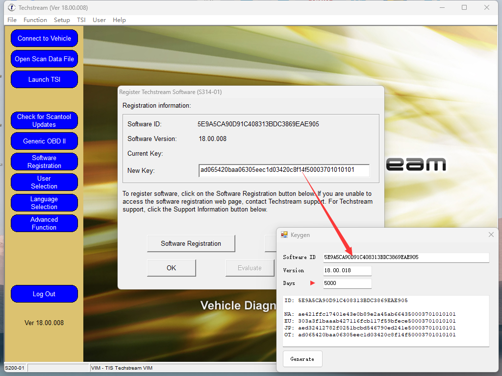 Keygen Activation Key Generator For Mini Vci Minivci J2534 Tis Techstream Software V18.00.008 Support Windows 10 For Toyota
