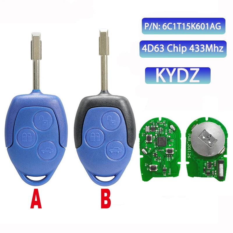 KYDZ Ford Transit WM VM 2006-2014 433MHz ID63 Electric Chip PN:6C1T15K601AG FO21 Blade Black/Blue Head 3 Buttons Remote Key