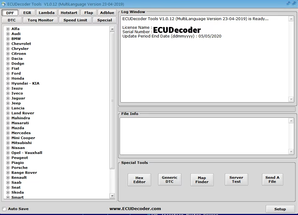 ECUDecoder Tools For Adblue, DPF, EGR, DTC, Hotststart, Lambda, Speedlimit, Immo Disable CHIPTUNING REMAPPING SW ECU Programmer