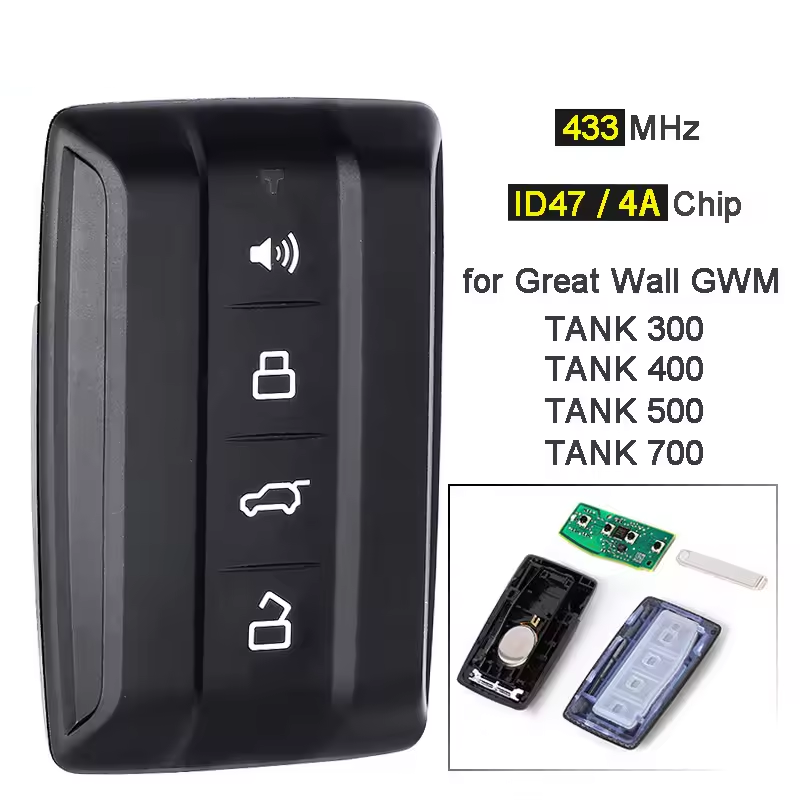 433MHz 4A / ID47 Chip 4 Buttons Smart Remote Control Key Fob for Great Wall GWM Tank 300 300 400 500 700 2020-2024