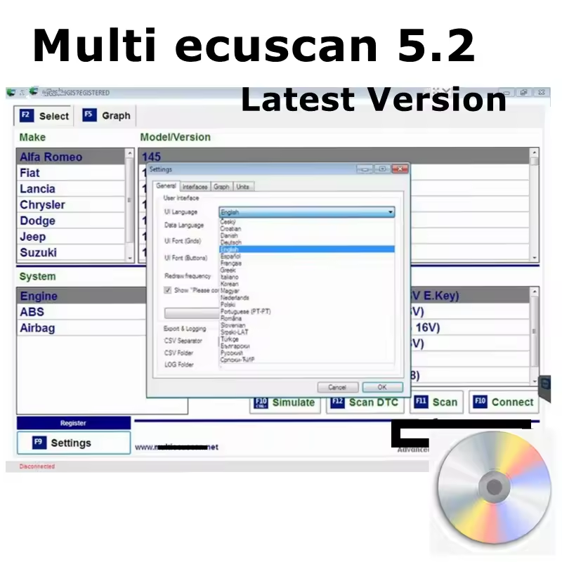 2025 Hot Multiecuscan V5.2 for Fiat/Chrysler/Dodge/Jeep/Suzuki Scanner Software Work for ELM327 Flat Adapter Registered Unlimite