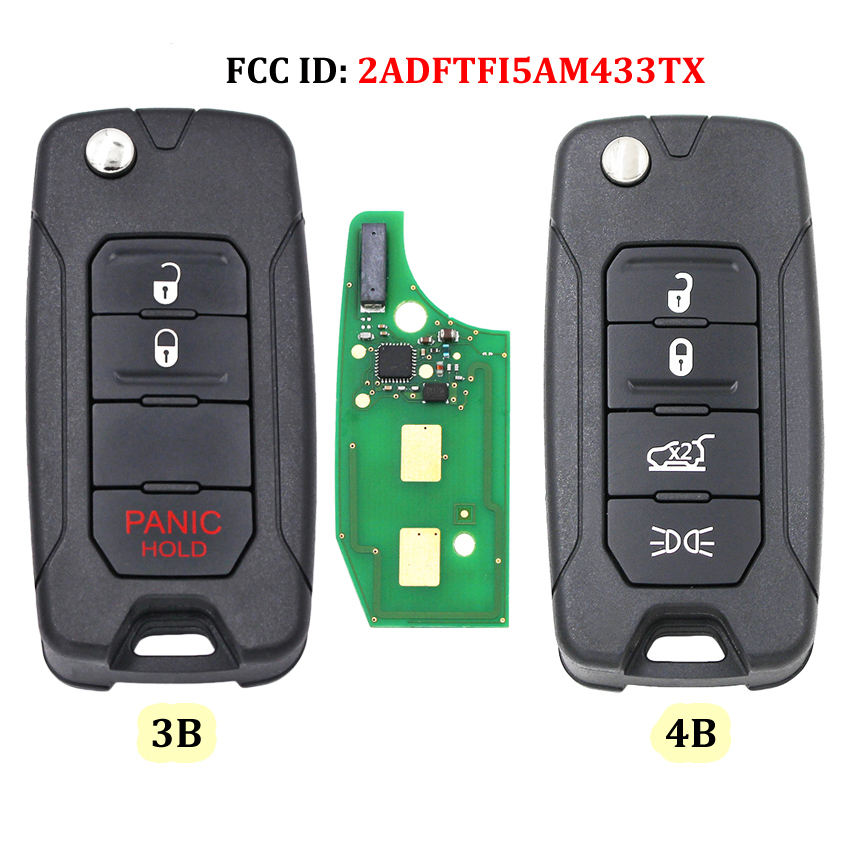 3/4 Buttons Flip Remote Key FSK 433.92MHz ID48 Megamos AES Chip for Jeep Renegade 2016-2020 Fiat 500X FCC 2ADFTFI5AM433TX SIP22