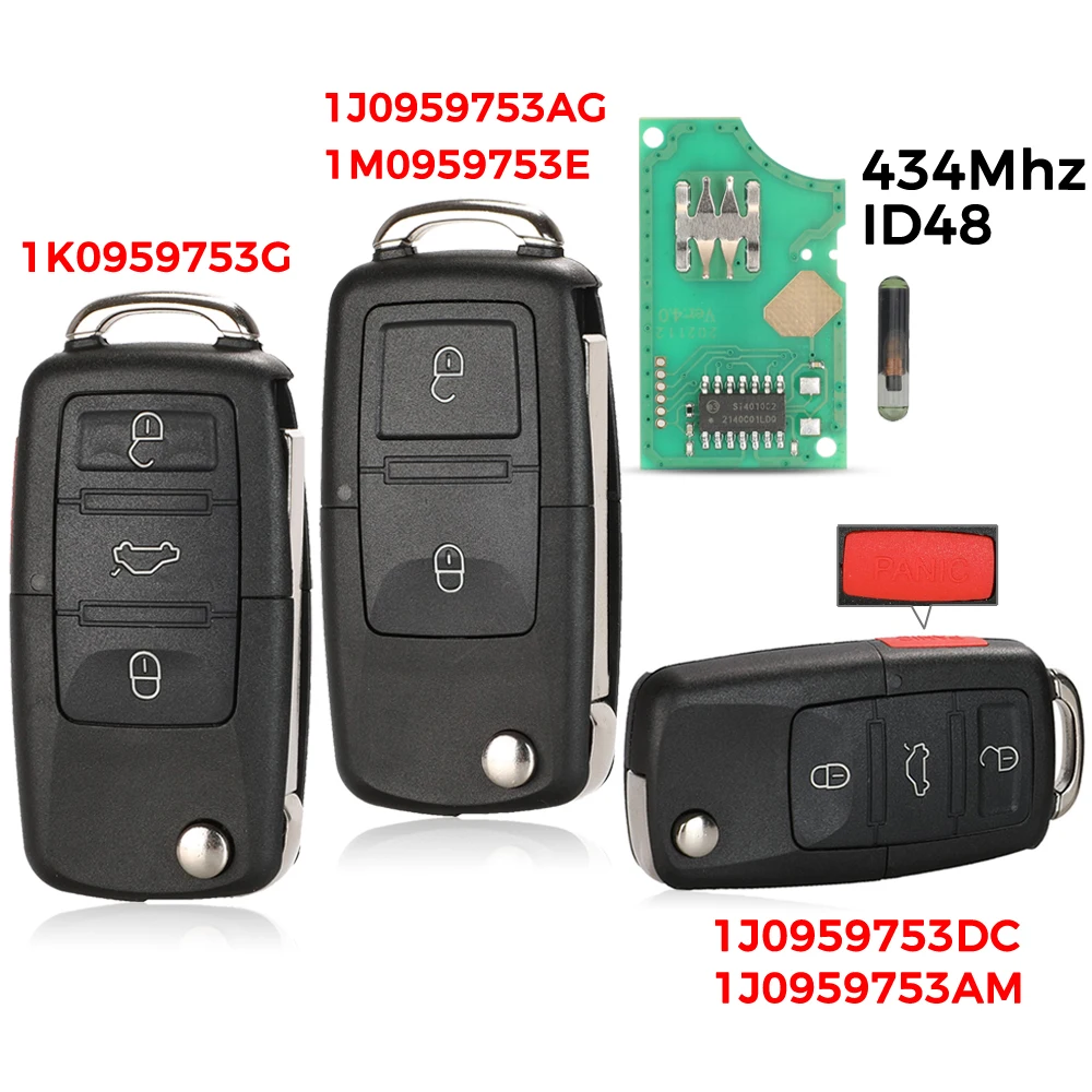 2/3/4 Buttons 315/434MHz Folding Car Remote Key id48 For VW SEAT Altea Ibiza Leon Toledo T5 1J0959753AG 1K0959753G