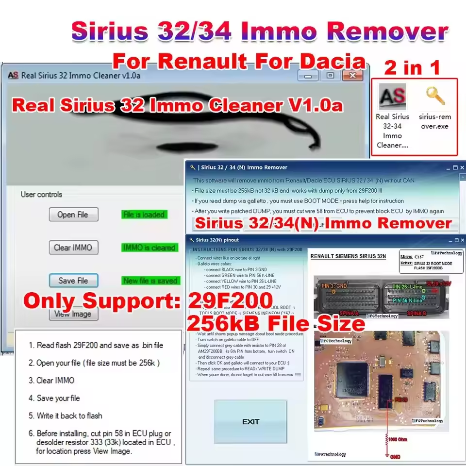For Renault for Dacia Real Sirius 32 Immo Cleaner V1.0a Sirius 32/34(N) Immo Remover 2 in 1 Software Support 29F200 256KB File