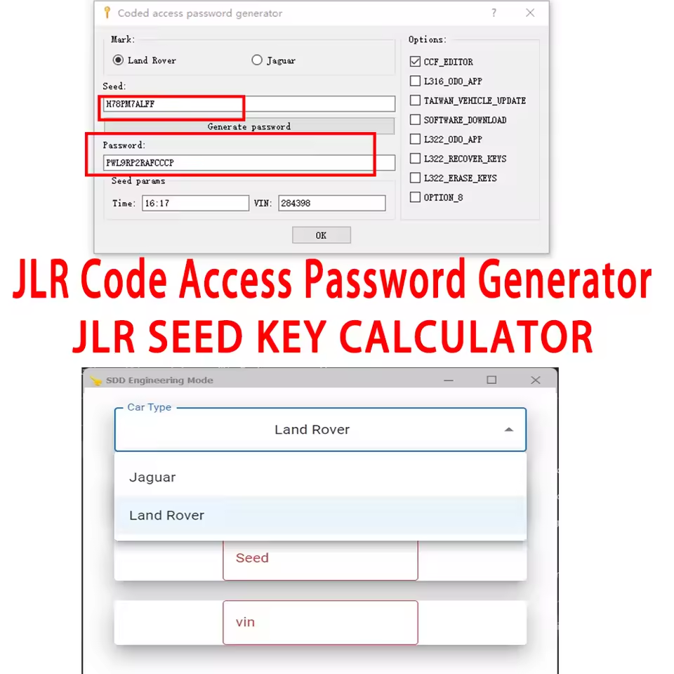 JLR Coded Access Password Generator JLR SEED Calculator Software for JLR SDD Engineerring Mode No Limitations on Used (Unlimited Token) for 1 PC